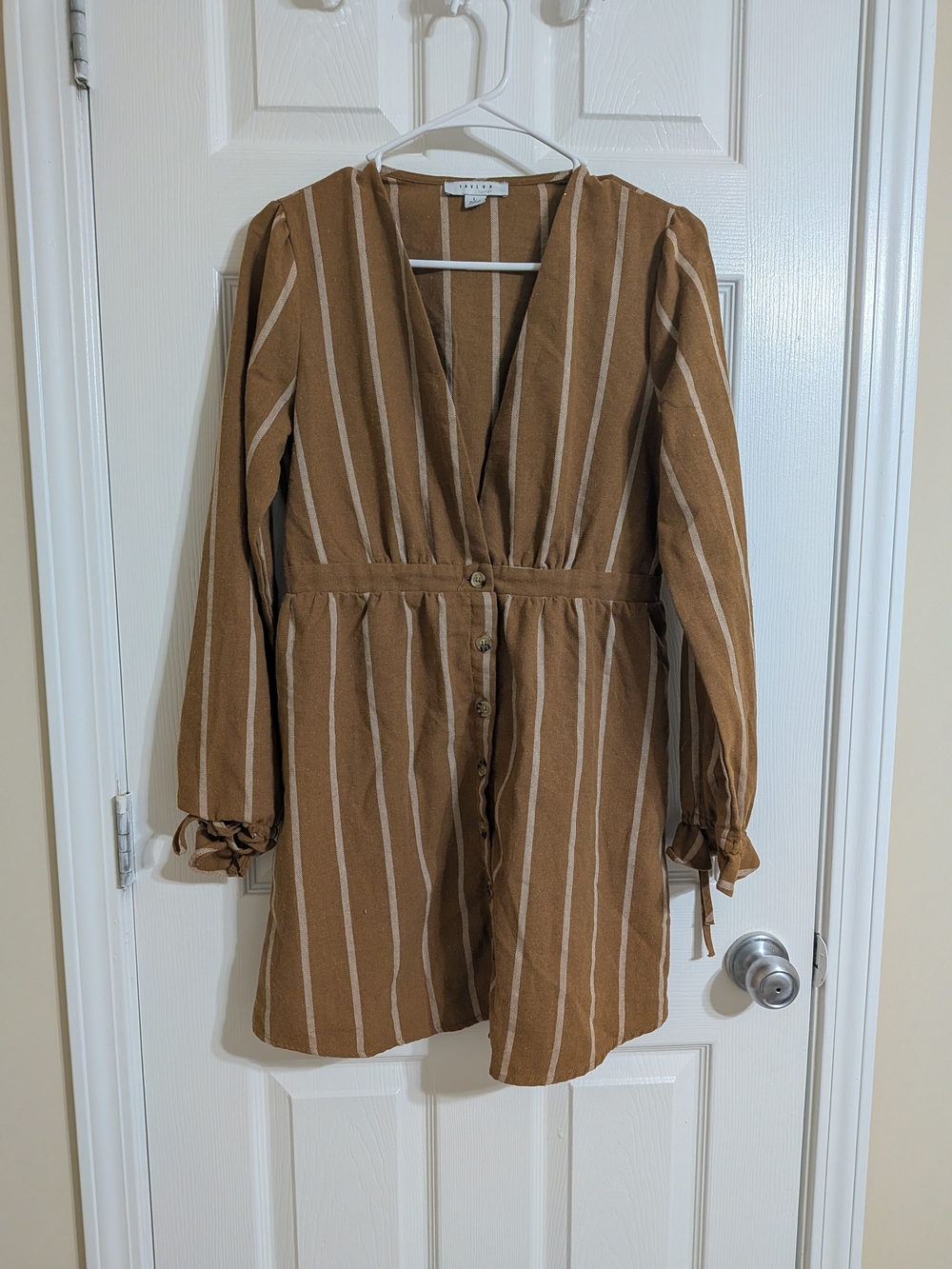 FAVLUX Brown and Cream Striped Long-Sleeve Button Dress